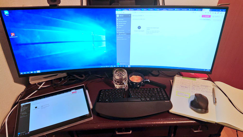 Laptop, screen and screen setup, keyboard, ...